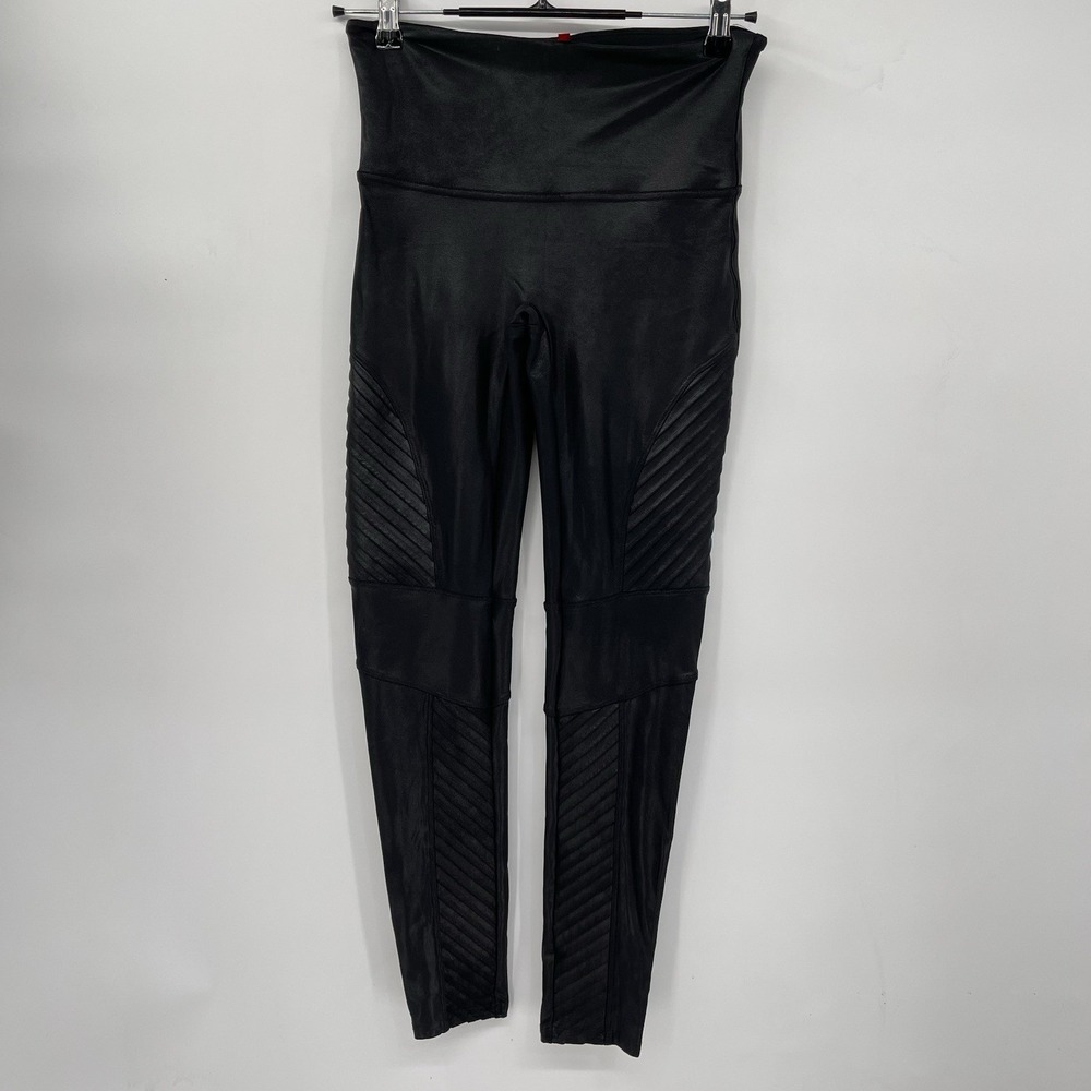 Spanx Large Moto Faux Leather Leggings Womens Black Ribbed High Waist Shaping